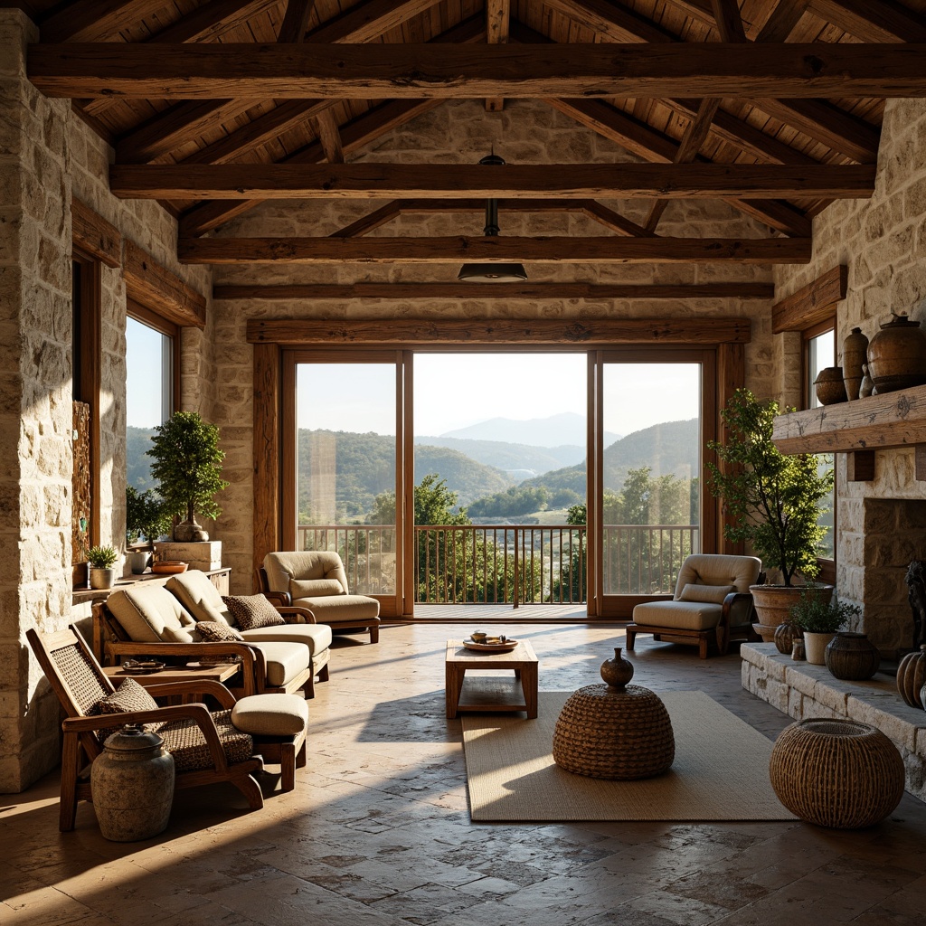 Prompt: Rustic farmhouse, open concept living area, high ceilings, exposed wooden beams, natural stone walls, vintage farm tools, distressed wood furniture, earthy color palette, plenty of natural light, large windows, sliding glass doors, panoramic views, rolling hills, countryside landscape, warm afternoon sun, soft diffused lighting, 1/2 composition, symmetrical balance, cozy textiles, woven baskets, potted plants, antique decorations.