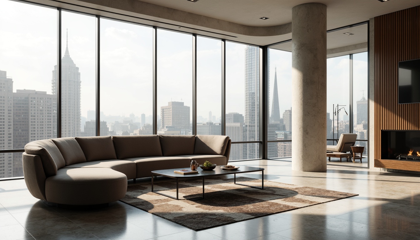 Prompt: Curved minimalist sofa, low-profile coffee table, sleek chrome legs, velvet upholstery, geometric patterned rug, floor-to-ceiling windows, natural light pouring in, urban cityscape views, modern streamline moderne architecture, curved lines, minimal ornamentation, monochromatic color scheme, polished marble floors, ambient warm lighting, shallow depth of field, 1/1 composition, realistic textures, soft focus effect.