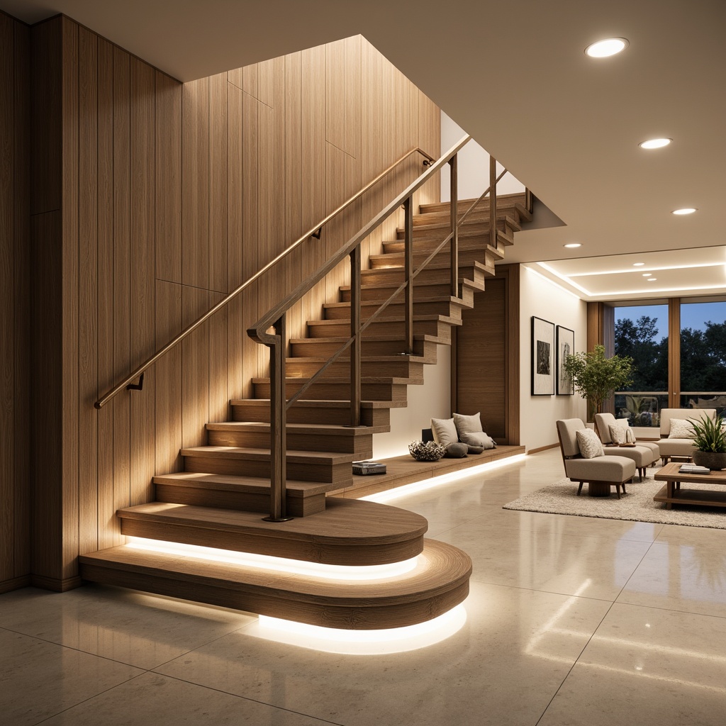 Prompt: Luxurious staircase, sleek metal handrails, polished wood steps, ambient LED strip lighting, warm white glow, recessed ceiling lights, dramatic floor-to-ceiling height, modern minimalist design, open-plan living area, comfortable seating nooks, soft carpeting, elegant wall decor, subtle color palette, 3/4 composition, shallow depth of field, realistic textures, natural daytime lighting.