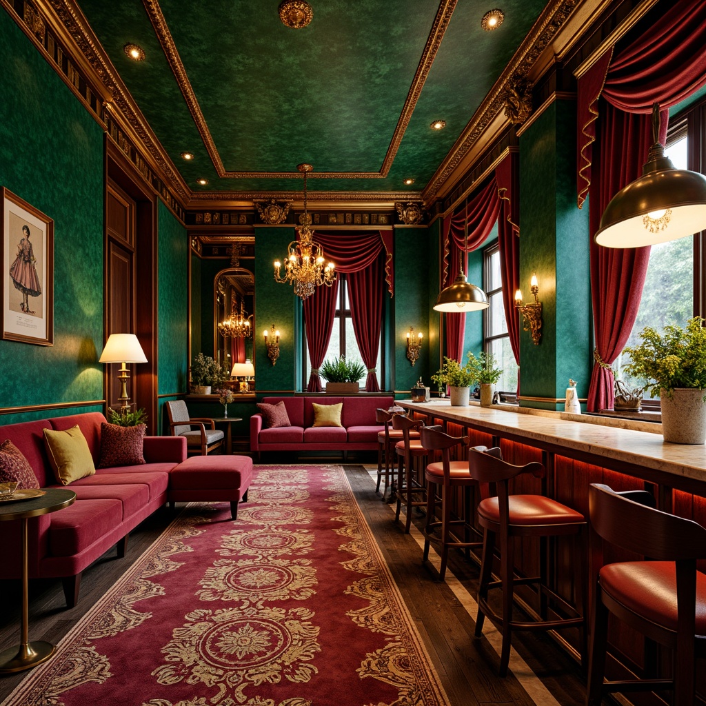 Prompt: Rich jewel-toned home bar, emerald green walls, golden accents, luxurious velvet fabrics, ornate metalwork, flowing organic lines, vintage posters, antique artifacts, warm bronze lighting, polished wooden countertops, ornamental mirrors, lavish drapery, rich berry-red hues, soft cream-colored marble, intricate inlays, curved lines, whimsical patterns, Art Nouveau-inspired motifs, elegant metallic frames, opulent crystal chandeliers, inviting ambiance, intimate seating areas, cozy atmospheric lighting.