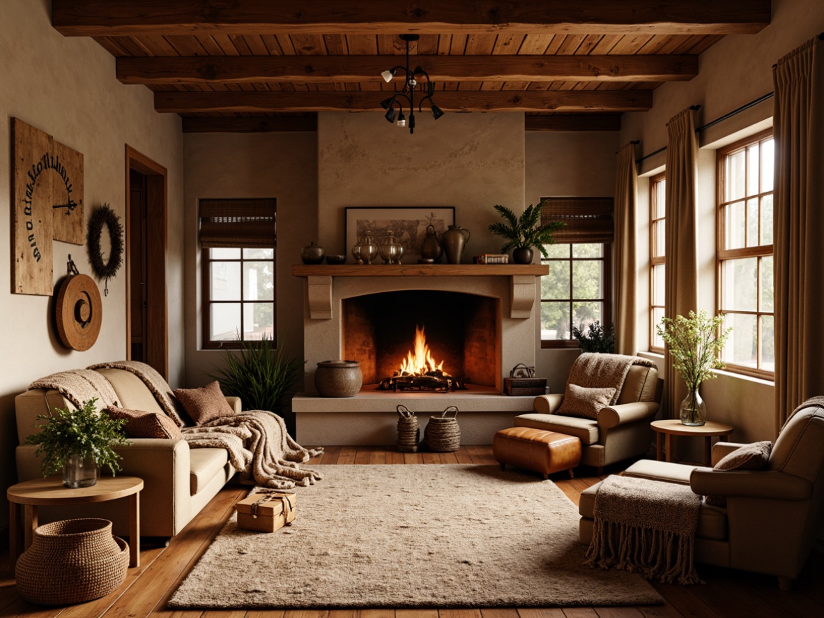 Prompt: Cozy cabin, rustic wooden planks, earthy terracotta tiles, soft plush carpets, warm beige stone walls, crackling fireplace, vintage woven baskets, natural fiber upholstery, chunky knit blankets, distressed leather armchairs, rich velvet drapes, warm golden lighting, shallow depth of field, 1/2 composition, realistic textures, ambient occlusion.