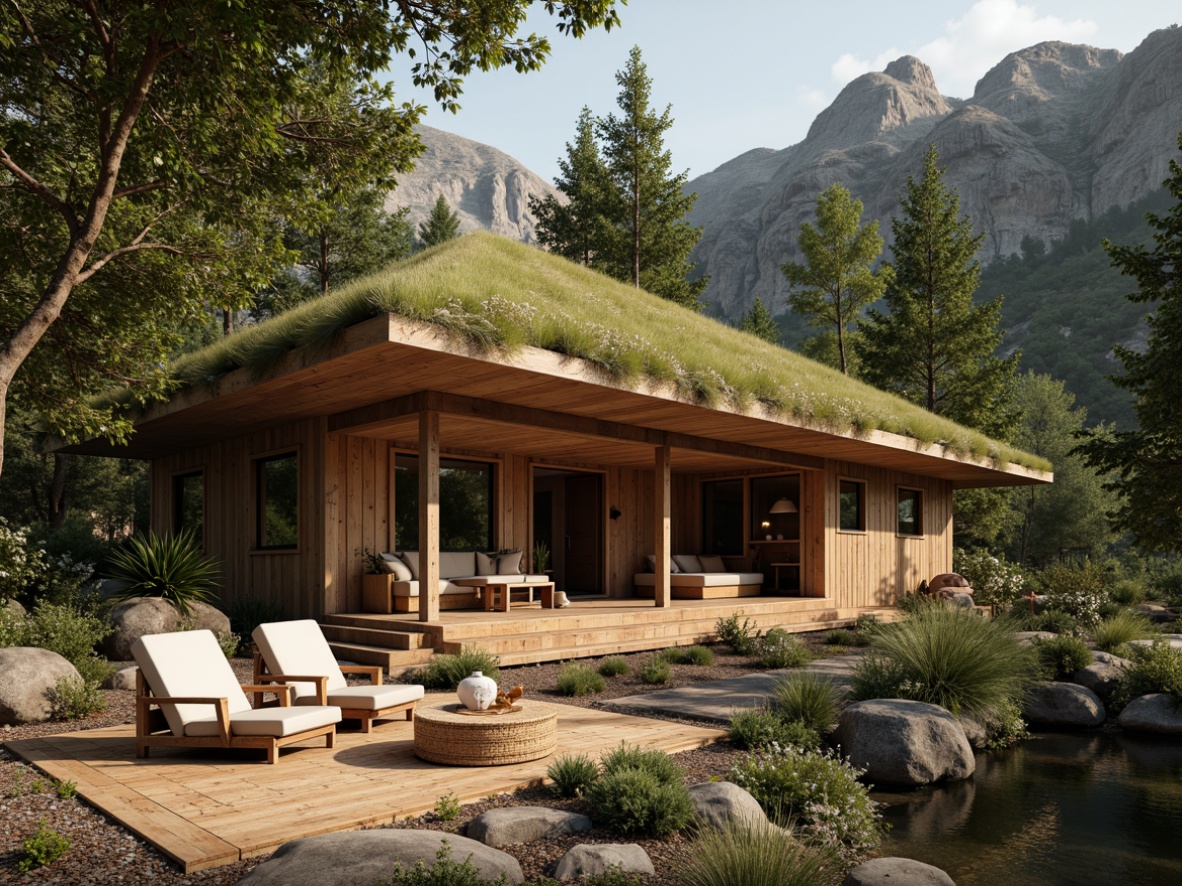 Prompt: Earth-toned cabin, natural wood accents, stone walls, organic shapes, living green roofs, reclaimed wooden planks, bamboo flooring, woven rattan furniture, earthy color palette, soft warm lighting, cozy atmosphere, secluded forest surroundings, misty morning, subtle texture details, 1/2 composition, shallow depth of field, realistic renderings.