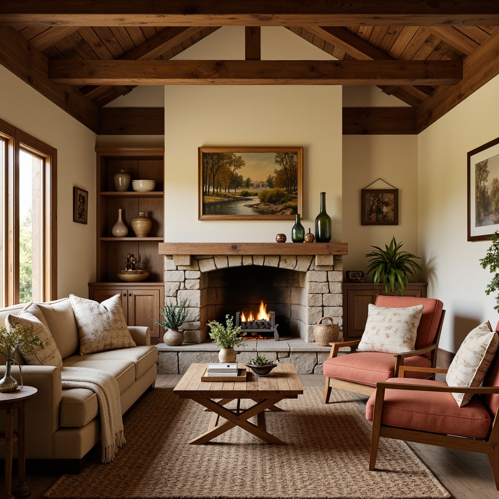 Prompt: Earth-toned color palette, warm beige walls, rich wood accents, rustic wooden furniture, natural stone fireplaces, cozy textiles, vintage decorative items, soft warm lighting, shallow depth of field, 3/4 composition, realistic textures, ambient occlusion, craftsman-style trim work, exposed beams, wooden ceiling details, natural materials, organic shapes, classic color combinations, traditional furnishings, inviting atmosphere.