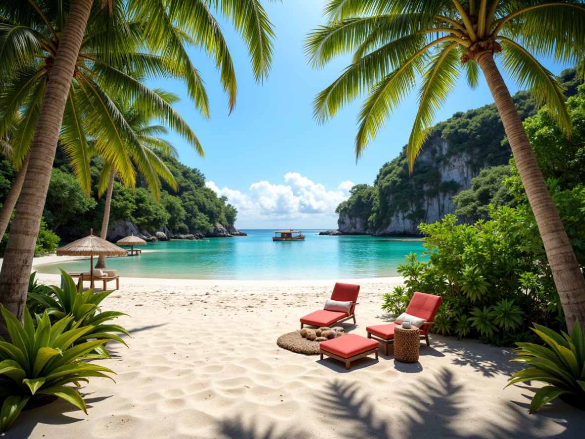 Prompt: Vibrant tropical island, lush green palms, bright coral reefs, warm sandy beaches, turquoise ocean waters, exotic floral patterns, colorful tiki torches, natural wood textures, woven rattan furniture, bold geometric shapes, playful polynesian motifs, sunny afternoon light, soft pastel hues, creamy white sand, iridescent seashells, lush jungle foliage.