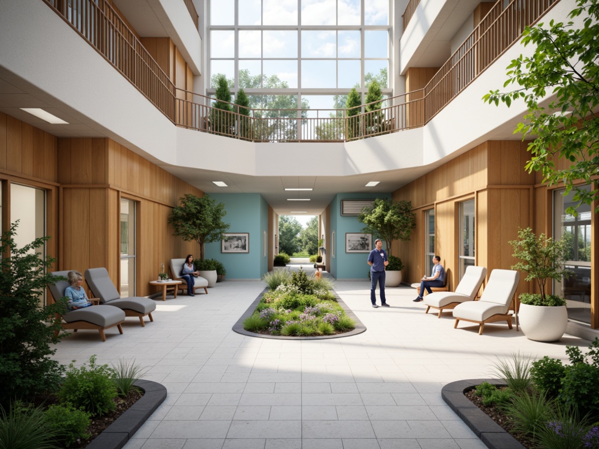 Prompt: Modern hospital interior, spacious corridors, natural light-filled atriums, calming color schemes, wooden accents, comfortable seating areas, nurse stations, patient rooms, medical equipment, soft warm lighting, shallow depth of field, 3/4 composition, realistic textures, ambient occlusion, quiet atmosphere, soothing music, gentle water features, lush greenery, circular layout, efficient navigation, clear signage, minimal obstacles, wheelchair accessibility, automatic sliding doors, hygiene-focused materials.