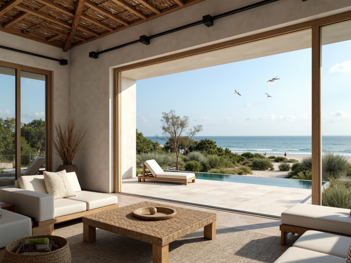 Prompt: Coastal style villa, large windows, sliding glass doors, natural stone walls, driftwood accents, beachy color palette, soft warm lighting, shallow depth of field, 3/4 composition, panoramic view, realistic textures, ambient occlusion, oceanfront location, sandy dunes, sea grass, calm turquoise water, clear blue sky, seagulls flying overhead, gentle ocean breeze, natural ventilation, open floor plan, minimalist decor, woven textiles, rattan furniture, nautical elements, coral-inspired patterns.