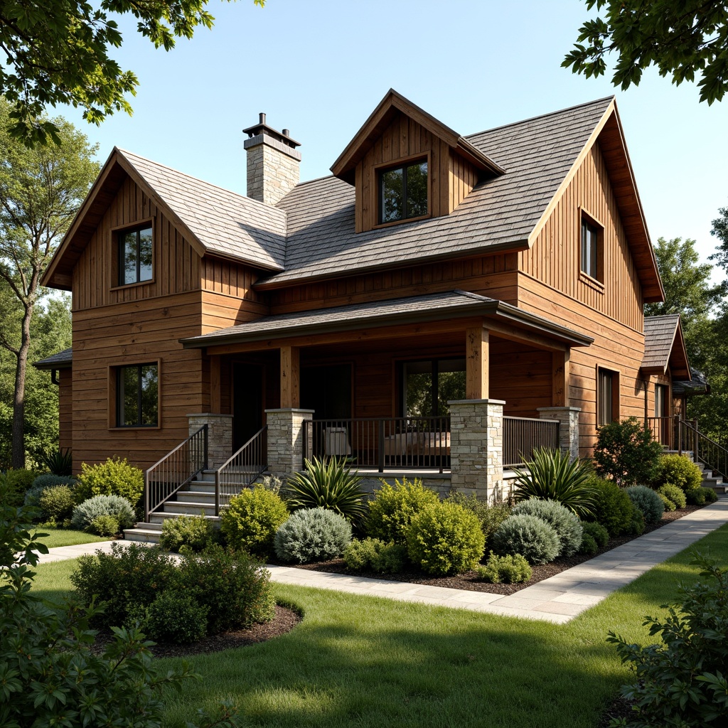 Prompt: Rustic traditional house, wooden siding, horizontal planks, earthy tones, natural textures, pitched roof, dormer windows, stone chimney, lush greenery, blooming flowers, sunny day, soft warm lighting, shallow depth of field, 3/4 composition, realistic wood grain, ambient occlusion.