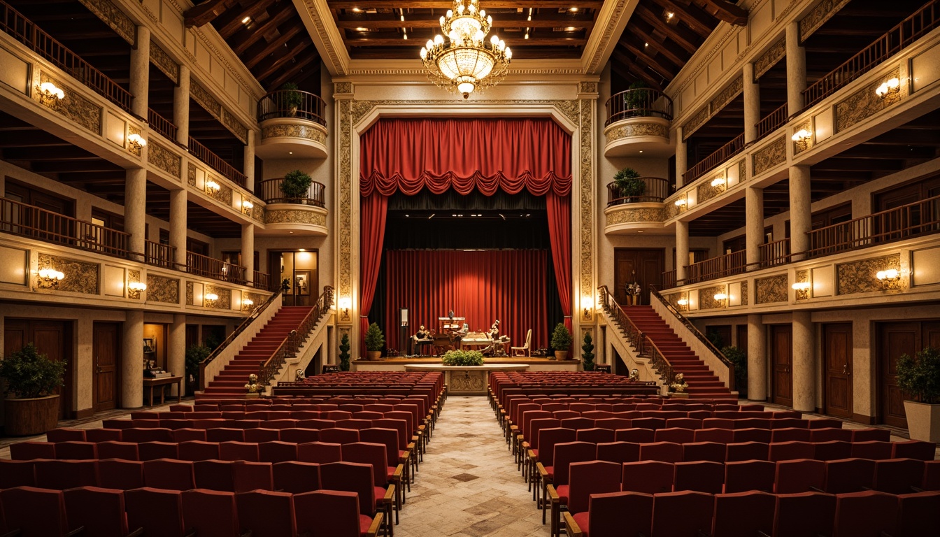 Prompt: Grand opera house, rustic farmhouse design, luxurious interior, velvet curtains, golden chandeliers, ornate balconies, marble floors, grand staircase, lavish furnishings, elegant lighting fixtures, spacious stage, red velvet seats, dramatic spotlights, proscenium arch, acoustic panels, wooden beams, exposed brick walls, vintage farm tools, natural stone fireplaces, cozy nooks, warm earthy tones, soft warm lighting, shallow depth of field, 1/1 composition, cinematic view, realistic textures, ambient occlusion.