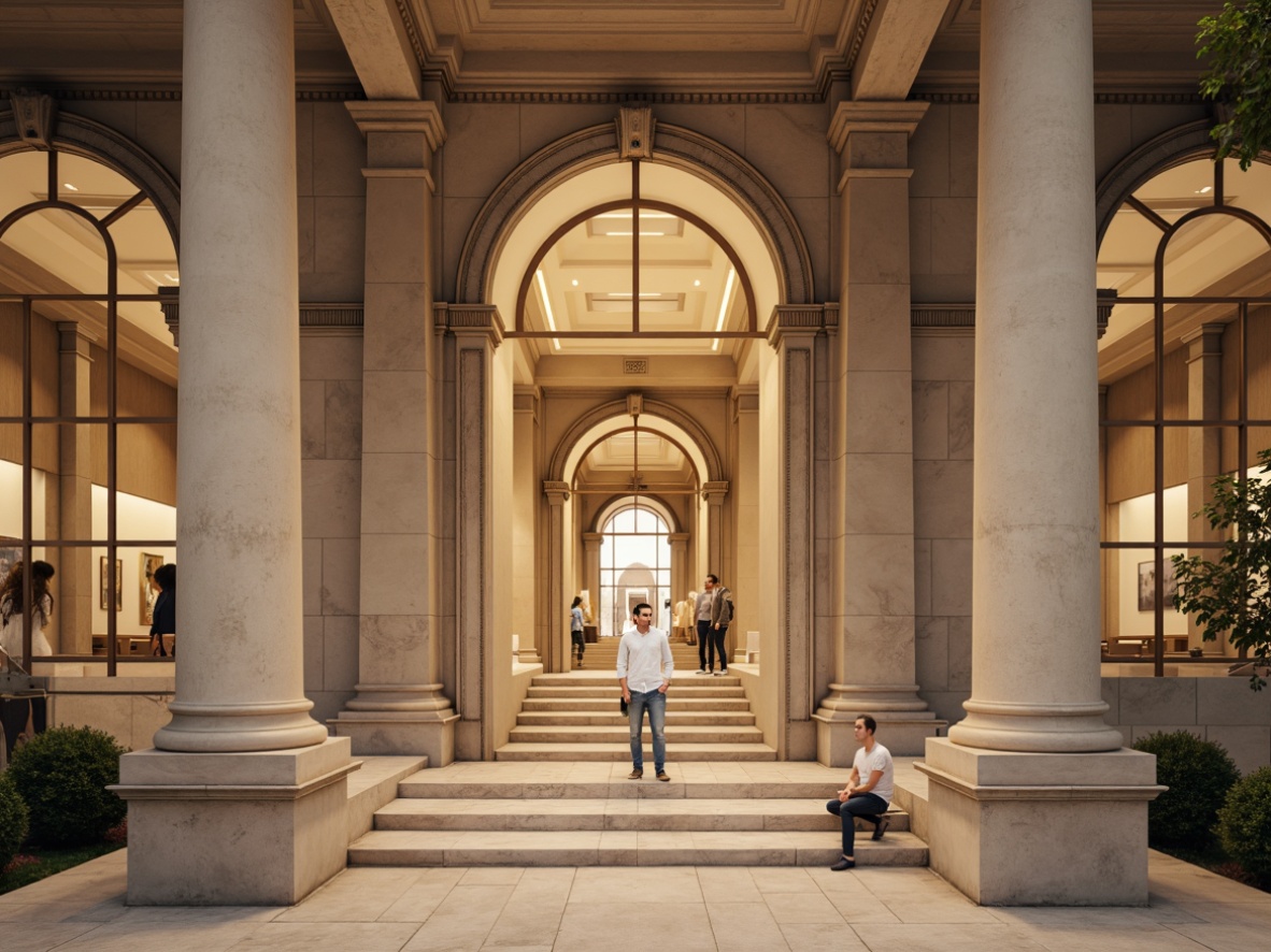 Prompt: Serenity museum exterior, neoclassical architecture, grand entrance, marble columns, ornate details, subtle lighting, warm beige walls, rich wood tones, soft cream accents, elegant staircases, spacious galleries, minimalist exhibits, polished concrete floors, natural stone textures, calm atmosphere, softbox lighting, shallow depth of field, 1/1 composition, realistic renderings.