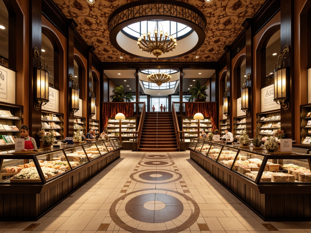 Prompt: Elegant Art Deco grocery store interior, ornate metal shelves, curved glass display cases, geometric patterned flooring, rich wood accents, luxurious velvet drapes, vintage-style signage, bronze-toned lighting fixtures, circular staircase, grand chandelier, ornamental ceiling details, warm golden color scheme, abundant natural light, 1/1 composition, soft focus, shallow depth of field.