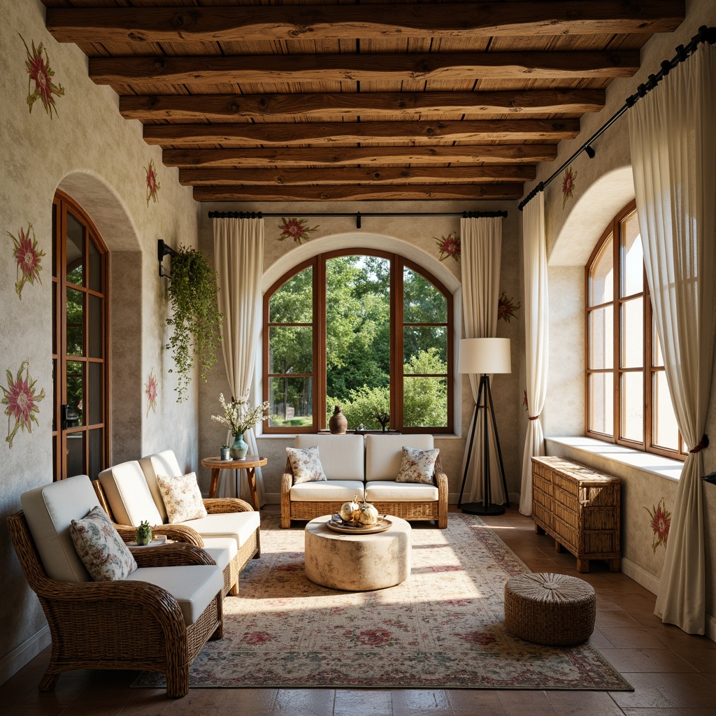 Prompt: Rustic French country cottage, distressed wood accents, soft golden lighting, plush velvet fabrics, natural linen textures, vintage floral patterns, creamy white hues, ornate ironwork, botanical prints, woven wicker furniture, aged stone walls, lush greenery, warm beige tones, intricate lace details, traditional Proven\u00e7al designs, elegant drapery, subtle sheen finishes, cozy cabin atmosphere, 1/1 composition, soft focus blur, warm color palette.