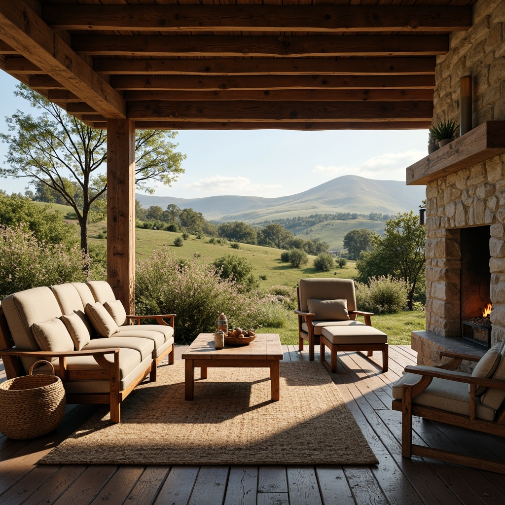 Prompt: Rustic farmhouse, vintage decor, distressed wood furniture, plush cushions, natural fabrics, earthy color palette, wooden beams, stone fireplace, cozy ambiance, warm lighting, soft shadows, shallow depth of field, 1/1 composition, intimate setting, rural landscape, rolling hills, wildflowers, sunny afternoon, gentle breeze.