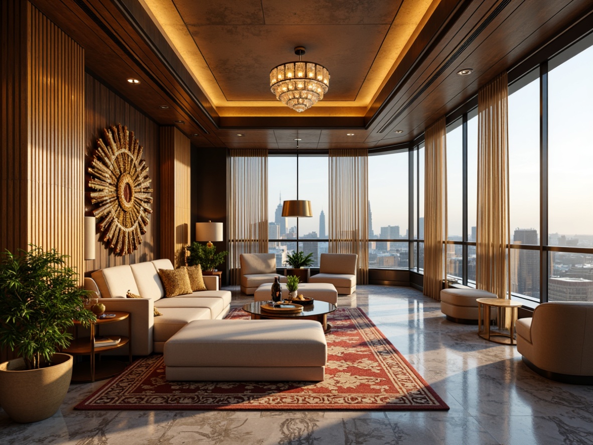 Prompt: Luxurious penthouse interior, opulent marble flooring, metallic accent walls, rich velvet drapes, ornate gold leafing, geometric patterned rugs, lavish crystal chandeliers, sleek wooden paneling, bold Art Deco motifs, glamorous metal studs, luxurious suede upholstery, dramatic floor-to-ceiling windows, panoramic city views, warm golden lighting, shallow depth of field, 1/1 composition, realistic reflective surfaces, ambient occlusion.