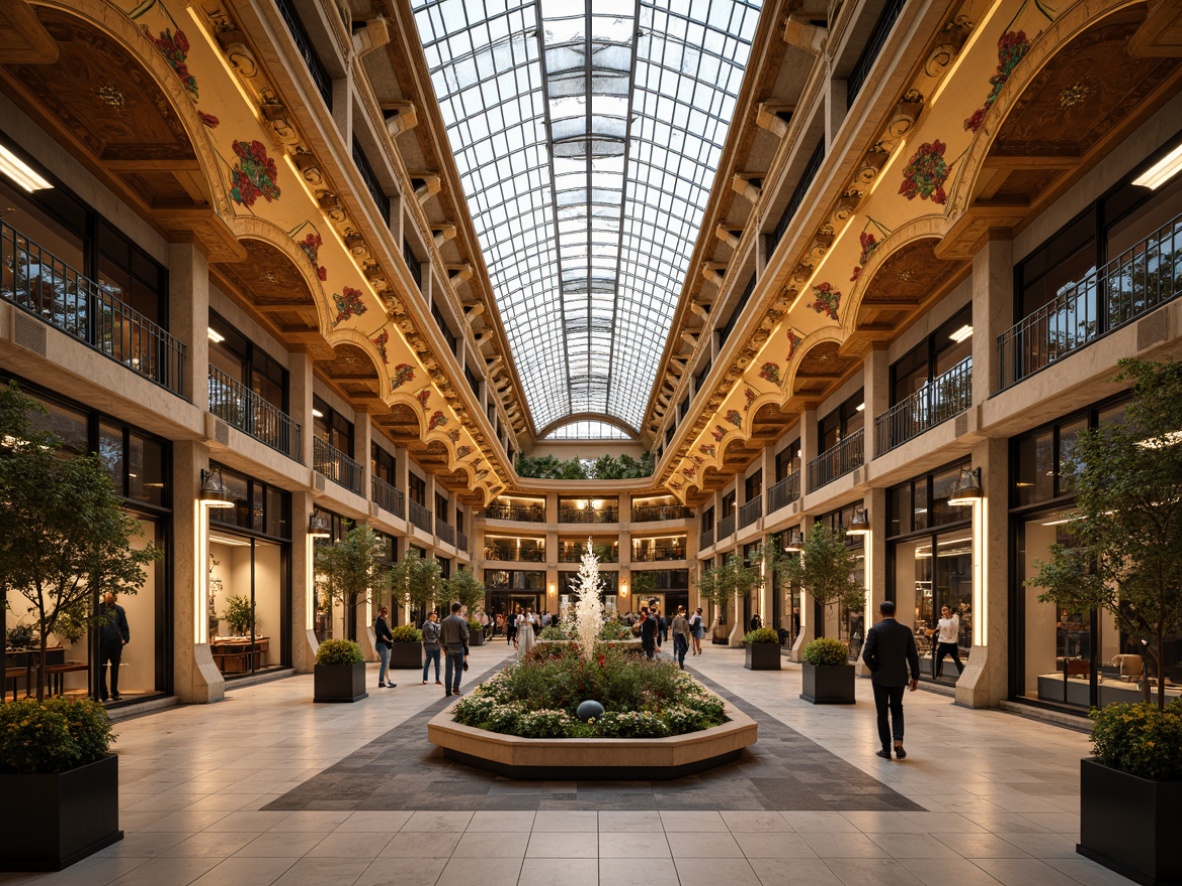 Prompt: Grand shopping center, ornate ceiling details, flowing curves, organic patterns, botanical motifs, golden accents, intricate moldings, stained glass skylights, natural light pouring, elegant chandeliers, marble floors, ornamental ironwork, lavish decorations, opulent atmosphere, soft warm lighting, shallow depth of field, 1/1 composition, realistic textures, ambient occlusion.