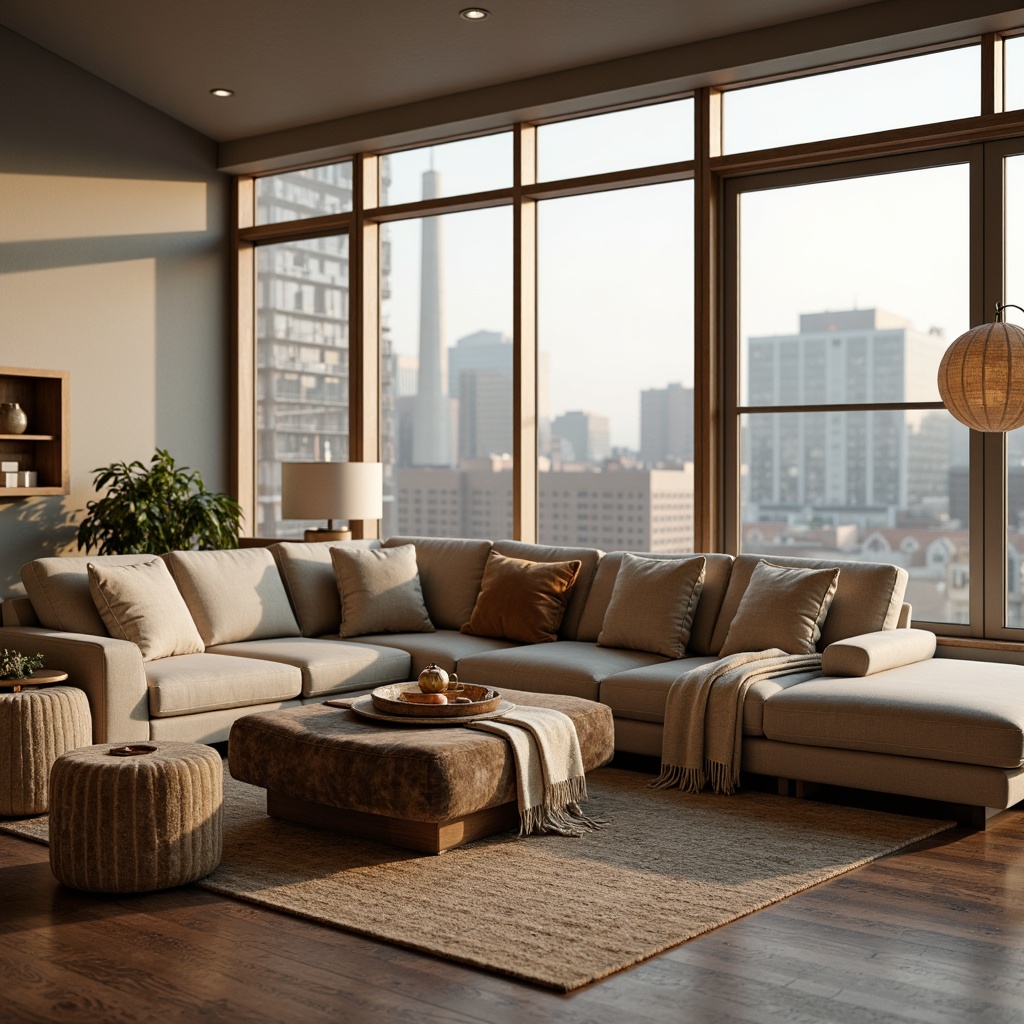 Prompt: Plush velvet sofas, soft cotton throws, cozy wool blankets, natural linen fabrics, earthy tone color palette, minimalist modern interior design, large windows with city views, wooden flooring, ambient warm lighting, shallow depth of field, 1/1 composition, realistic textures, subtle fabric patterns.