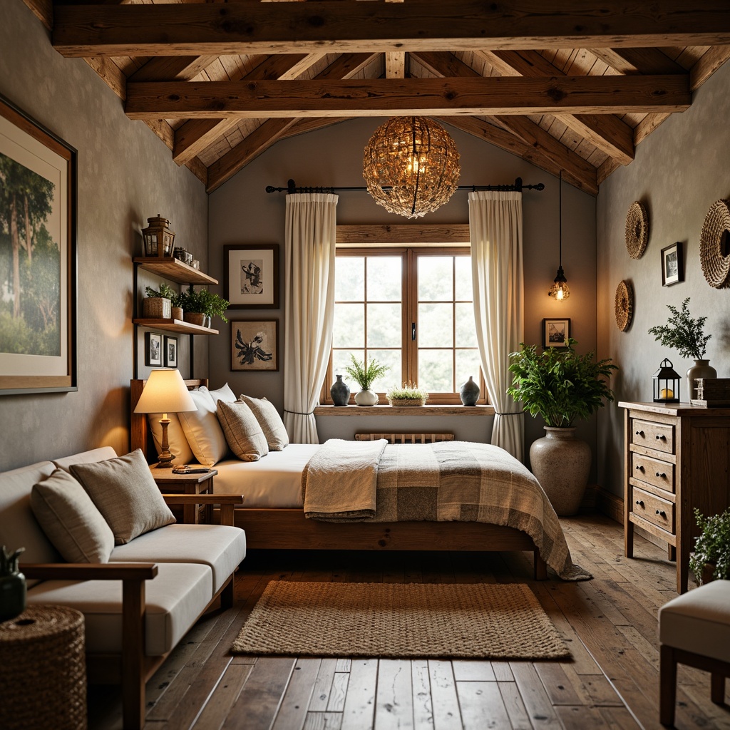 Prompt: Cozy dormitory, rustic farmhouse style, plush textiles, woven baskets, natural fibers, earthy tones, wooden accents, vintage decor, distressed finishes, soft warm lighting, inviting atmosphere, comfortable bedding, patchwork quilts, linen fabrics, jute rugs, reclaimed wood furniture, metal lanterns, greenery plants, country-inspired artwork, warm color palette, shallow depth of field, 1/1 composition, realistic textures, ambient occlusion.