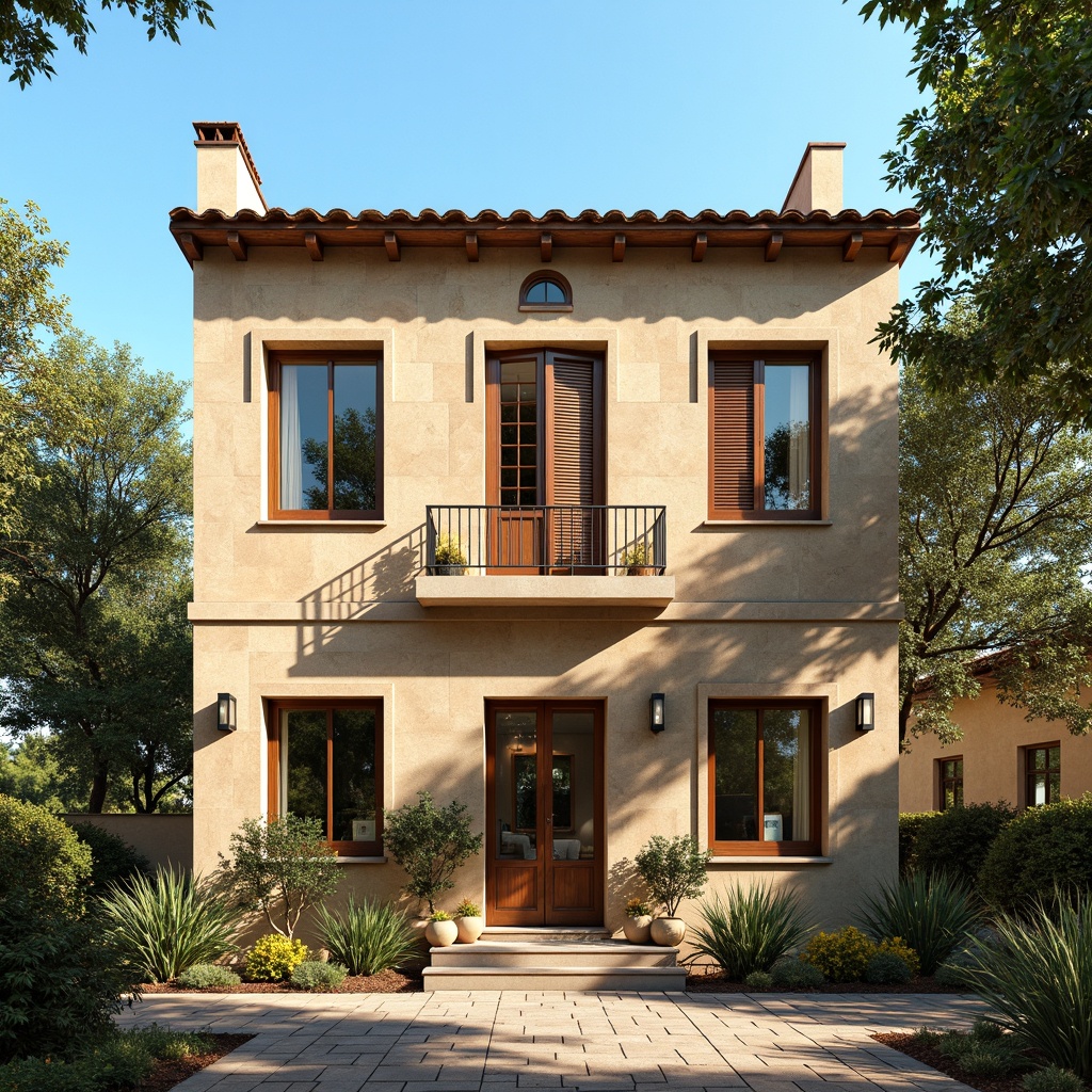 Prompt: Warm Mediterranean office building, natural stone facade, large windows, wooden shutters, soft warm lighting, cozy atmosphere, earthy color palette, rustic wood accents, woven textiles, vibrant turquoise hues, sunny day, clear blue sky, shallow depth of field, 3/4 composition, panoramic view, realistic textures, ambient occlusion.