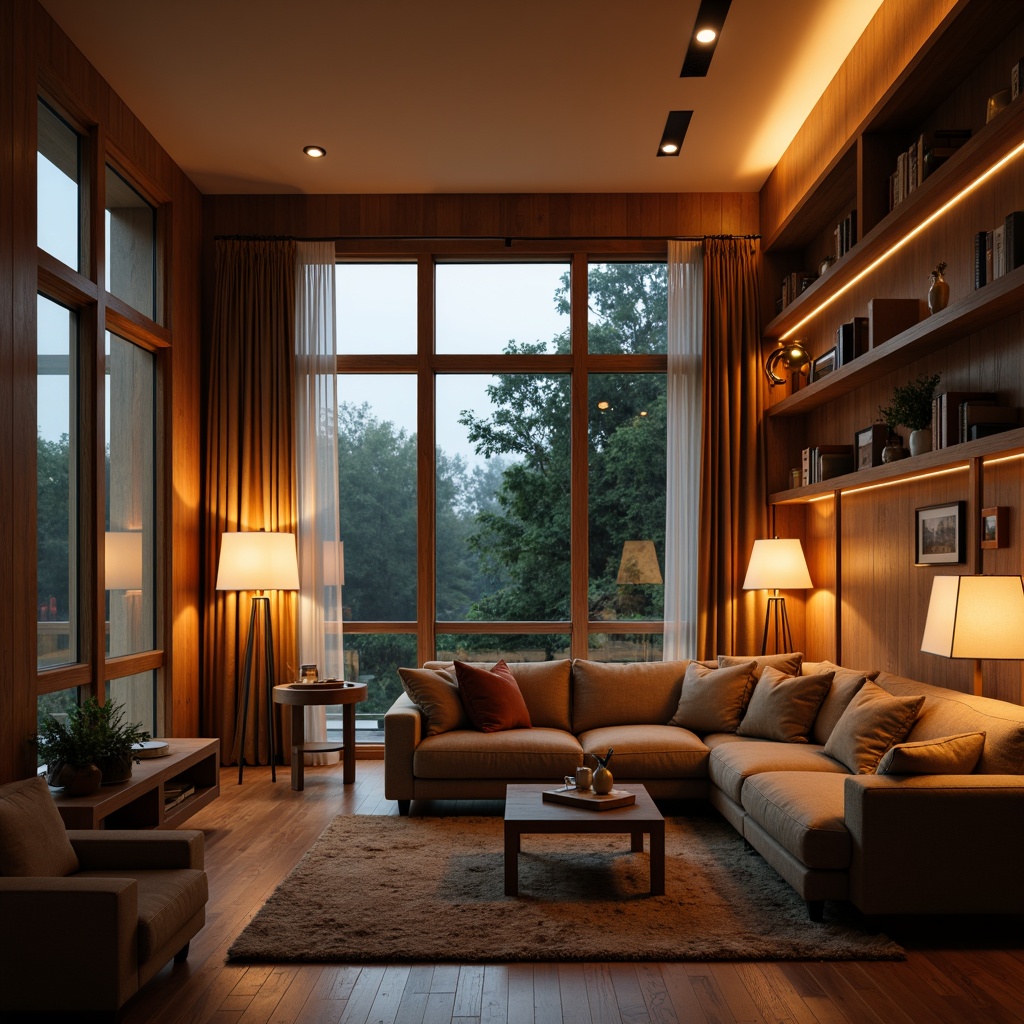 Prompt: Cozy living room, warm ambient lighting, soft glowing lamps, comfortable sofas, natural wood accents, earthy color palette, floor-to-ceiling windows, sheer curtains, subtle shadows, 1/1 composition, intimate atmosphere, warm white light, LED strip lights, recessed ceiling fixtures, pendant lights, task lighting, reading nooks, plush area rugs.