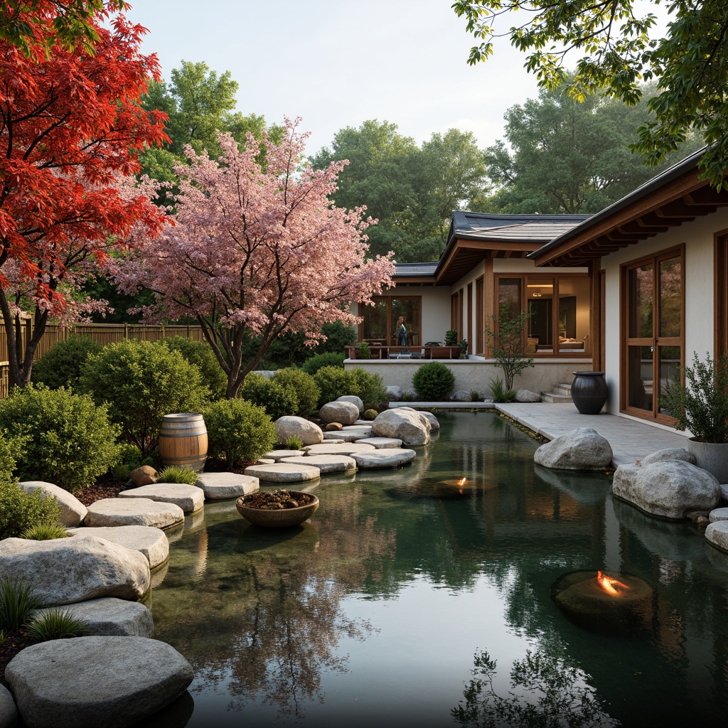 Prompt: Traditional Japanese garden, serene koi pond, natural stone pathways, wooden sake barrels, rustic wooden accents, bamboo fencing, lush greenery, vibrant cherry blossoms, tranquil water features, subtle misting system, warm soft lighting, shallow depth of field, 3/4 composition, panoramic view, realistic wood textures, ambient occlusion, modern minimalist architecture, curved lines, natural materials, earthy color palette, traditional Japanese roofing, sliding shoji doors, tatami mats, paper lanterns.