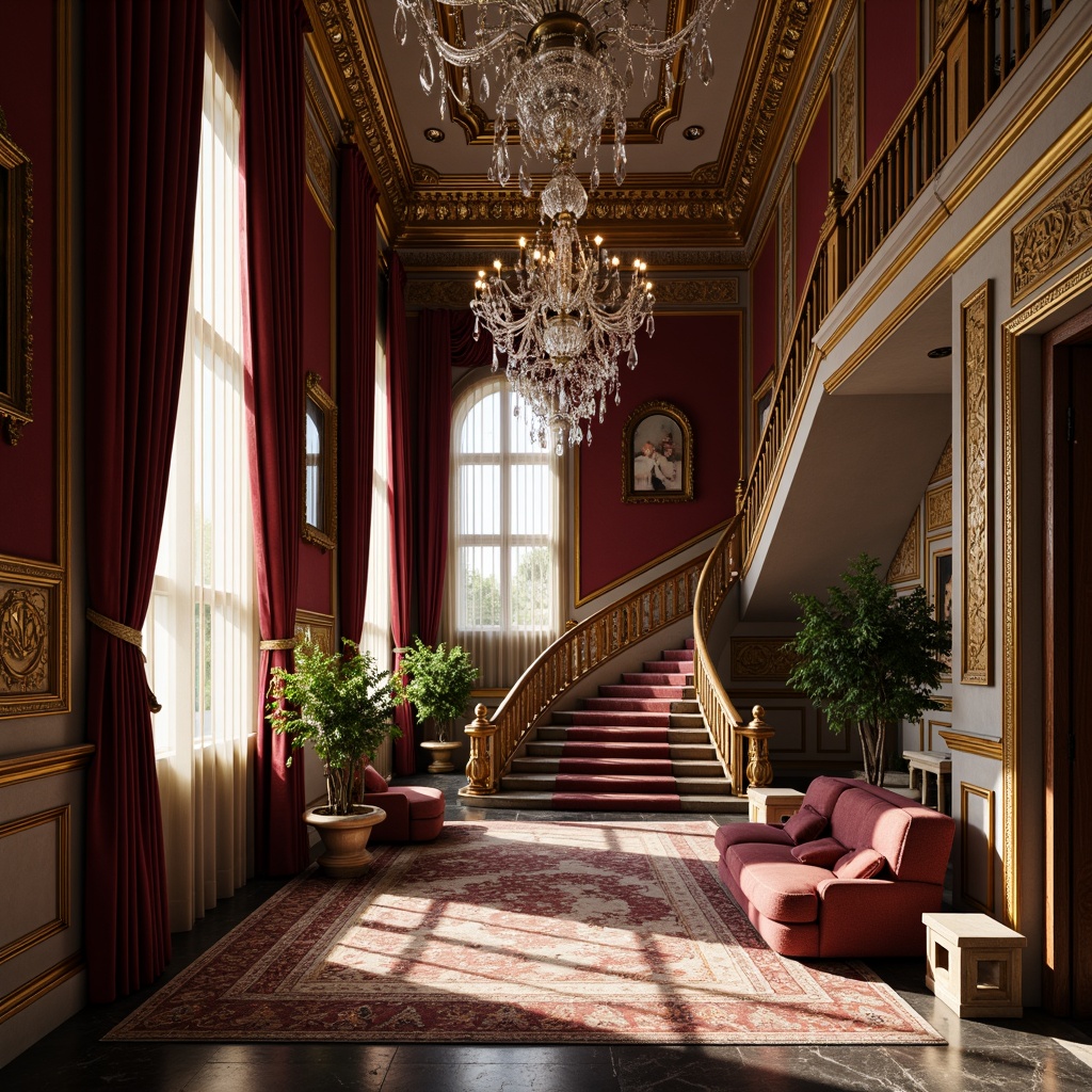 Prompt: Luxurious velvet drapes, intricately carved wooden panels, ornate gilded frames, crystal chandeliers, marble flooring, richly patterned rugs, neoclassical columns, soaring ceilings, grand staircase, opulent furnishings, lavish textiles, subtle warm lighting, shallow depth of field, 2/3 composition, realistic reflections, ambient occlusion.