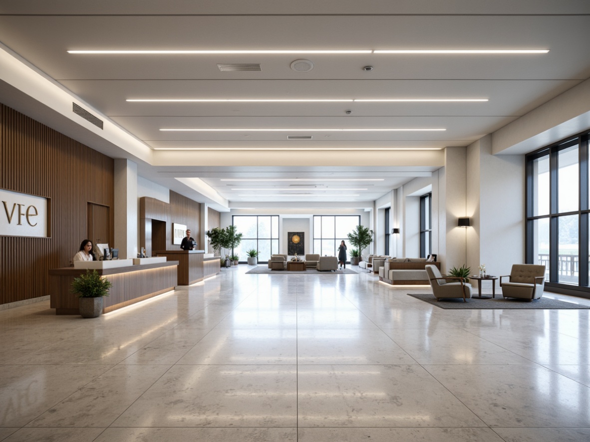 Prompt: Open-plan banking hall, minimalist decor, sleek lines, monochromatic color scheme, polished marble floors, modern LED lighting, floor-to-ceiling windows, natural light, sparse furniture, low-profile counters, elegant signage, subtle textures, geometric patterns, minimal ornamentation, airy atmosphere, shallow depth of field, 1/1 composition, panoramic view, realistic reflections, ambient occlusion.