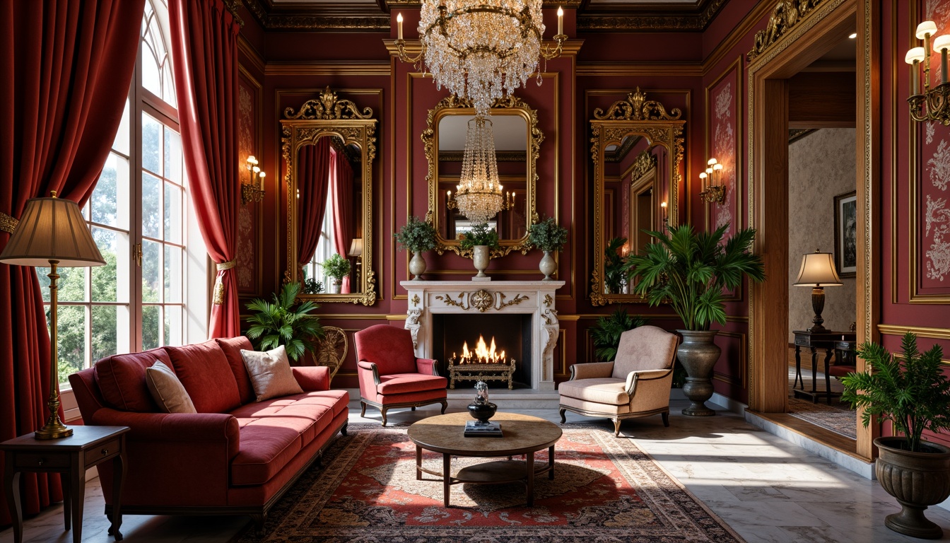 Prompt: Ornate Renaissance-style apartment, rich velvet fabrics, intricately carved wooden furniture, golden accents, luxurious upholstery, antique vases, crystal chandeliers, marble floors, lavish drapery, ornamental mirrors, Baroque patterns, gilded frames, regal color palette, soft warm lighting, shallow depth of field, 1/1 composition, intimate atmosphere, realistic textures, ambient occlusion.