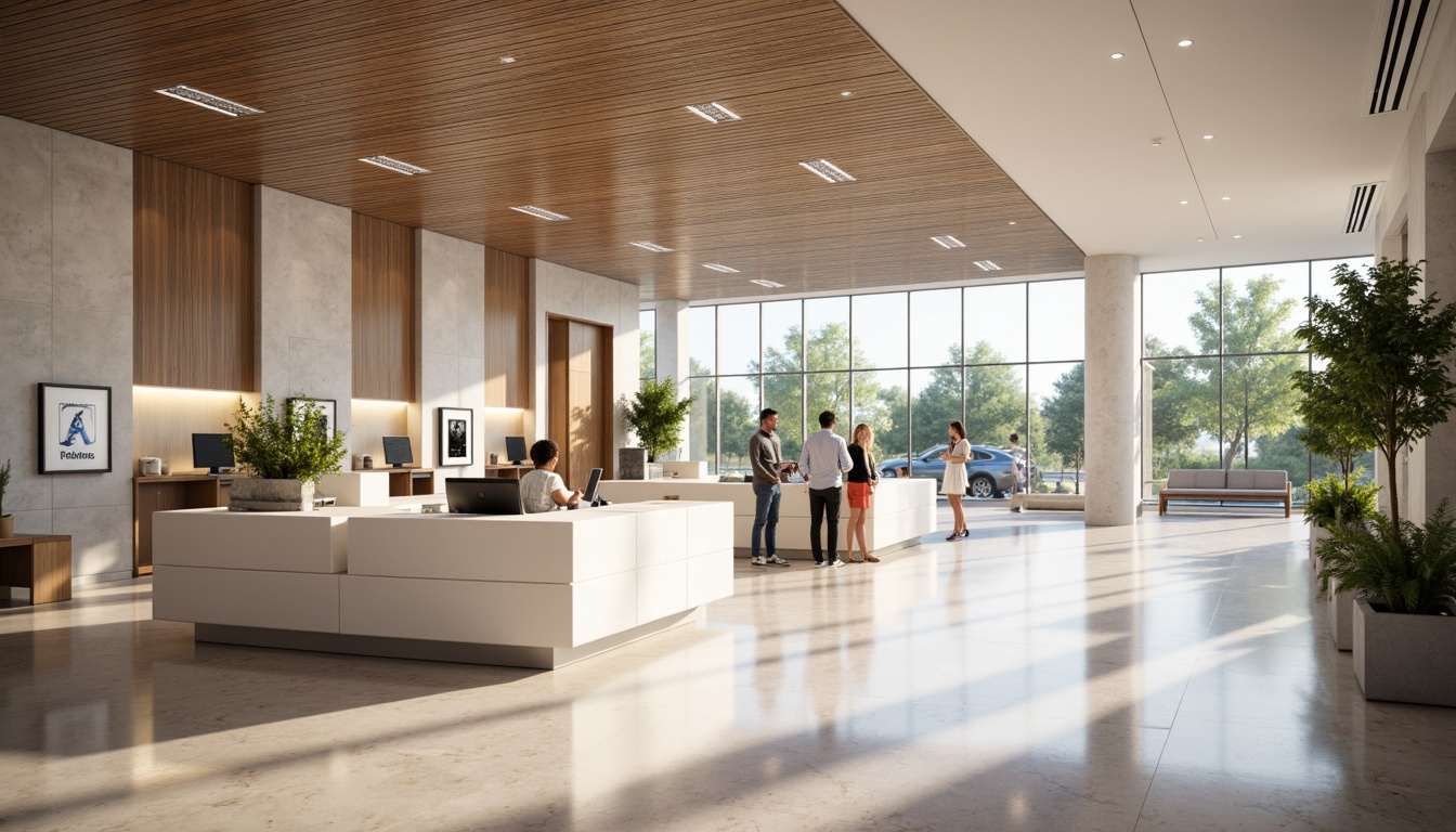 Prompt: Clean lines, minimal ornamentation, open floor plan, sleek counters, modern teller stations, subtle branding elements, neutral color palette, polished marble floors, reflective glass surfaces, recessed lighting, airy atmosphere, natural light pouring in, 1/1 composition, shallow depth of field, soft warm glow, realistic textures, ambient occlusion.