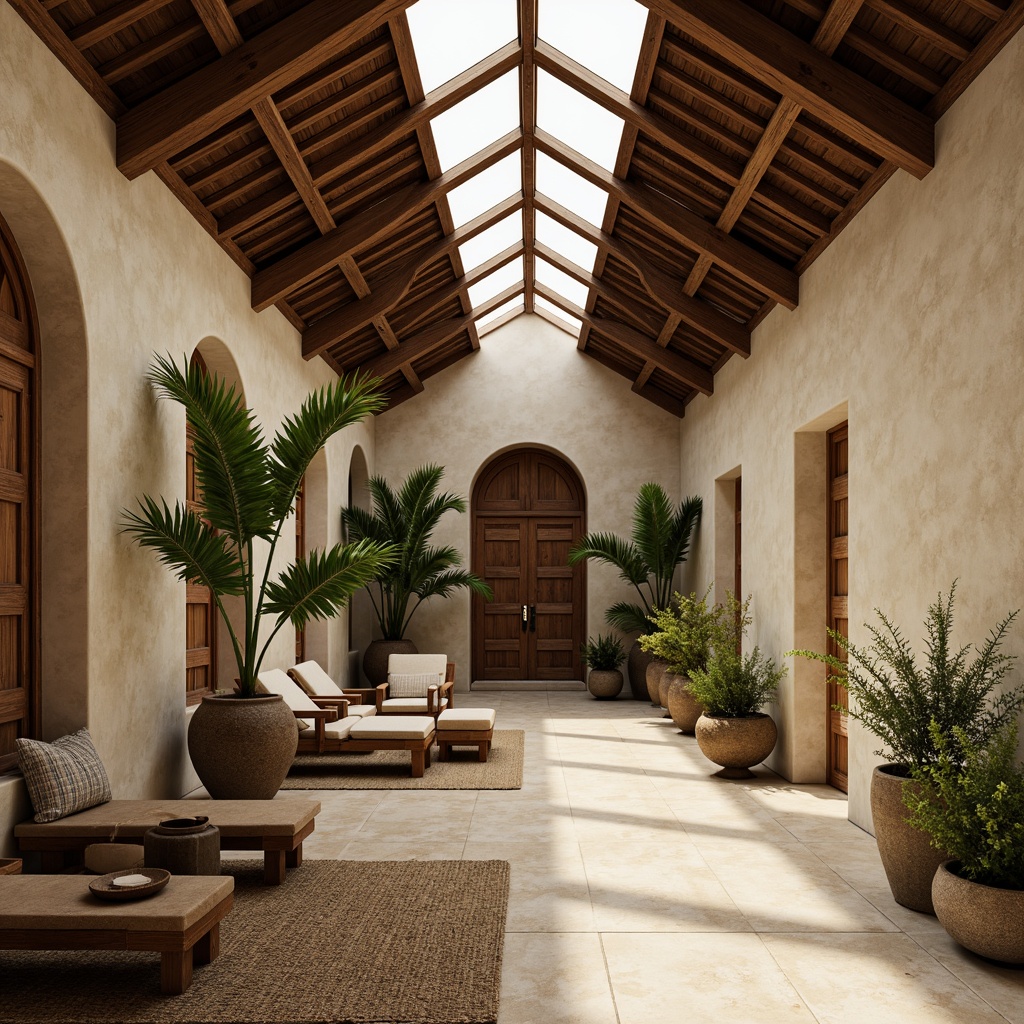 Prompt: Vaulted ceilings, ornate wood carvings, tropical plants, natural fibers, woven textiles, earthy tones, monastery-inspired furniture, stone floors, wooden accents, large windows, clerestory windows, soft diffused lighting, warm beige colors, minimal ornamentation, serene atmosphere, subtle shading, 1/1 composition, realistic textures, ambient occlusion.