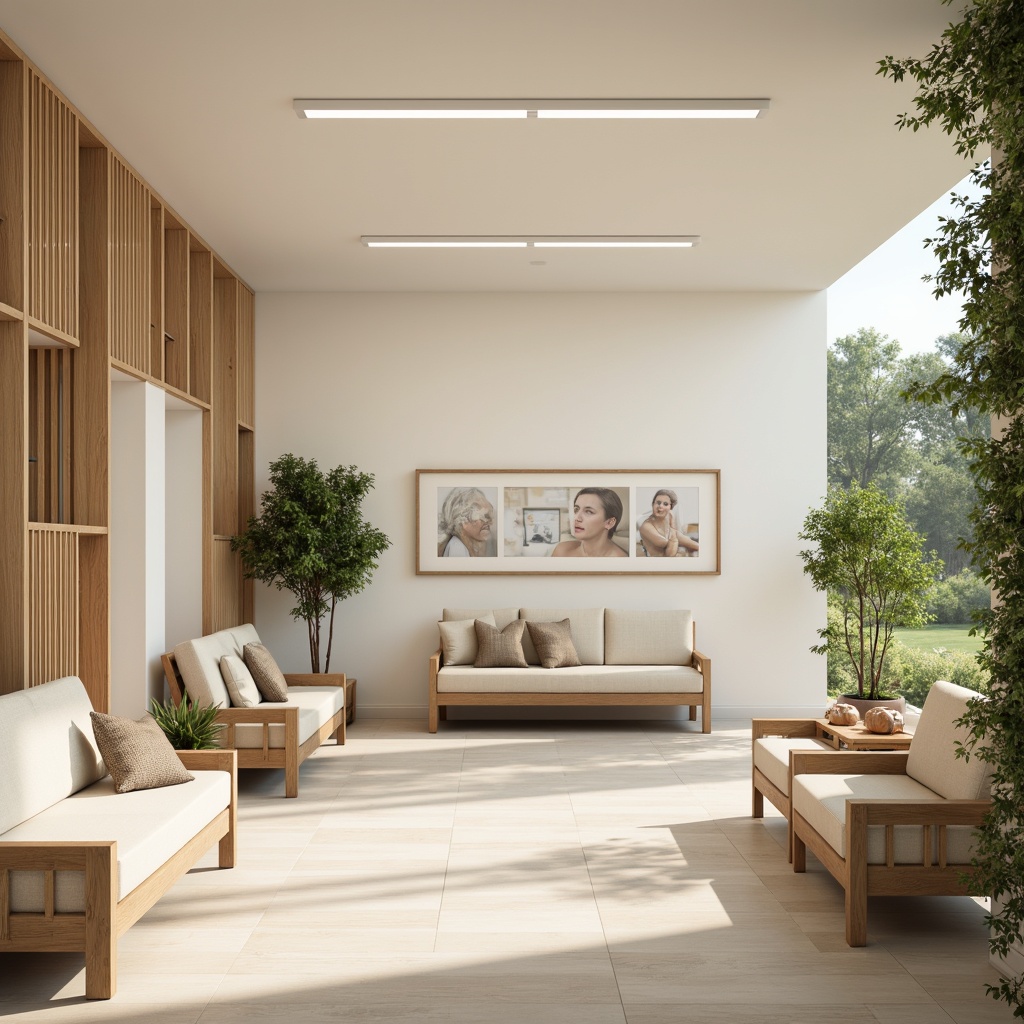 Prompt: Modern medical clinic, calming atmosphere, soothing colors, gentle pastels, creamy whites, warm beige tones, natural wood accents, minimal decor, functional lighting, comfortable seating areas, lush greenery, peaceful ambiance, soft shadows, subtle textures, 1/2 composition, shallow depth of field, realistic renderings.