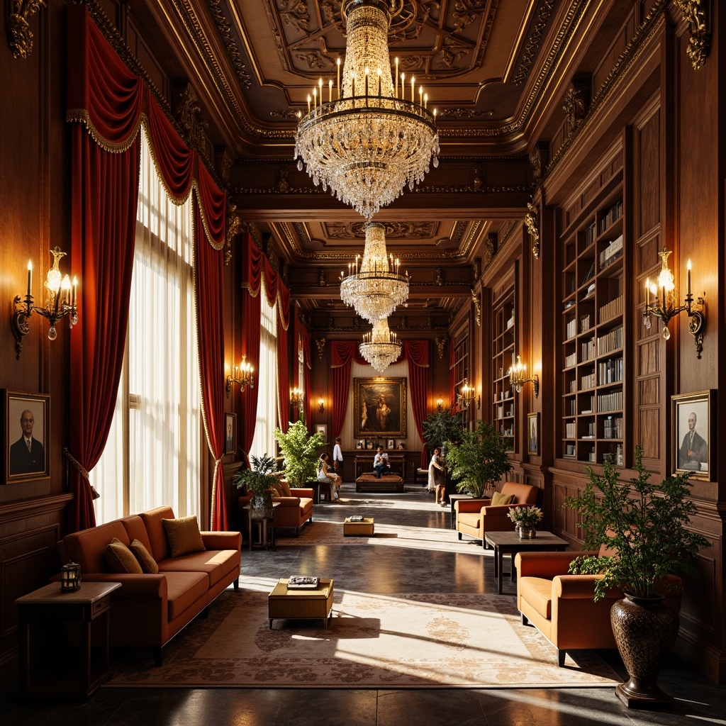 Prompt: Ornate Rococo library, grand chandeliers, crystal droplets, warm golden lighting, soft diffused illumination, lavish furnishings, rich velvet drapes, intricate wooden carvings, gilded accents, luxurious atmosphere, high ceilings, ornamental moldings, classical columns, marble floors, soft focused light, shallow depth of field, 1/1 composition, symmetrical framing, realistic textures, ambient occlusion.