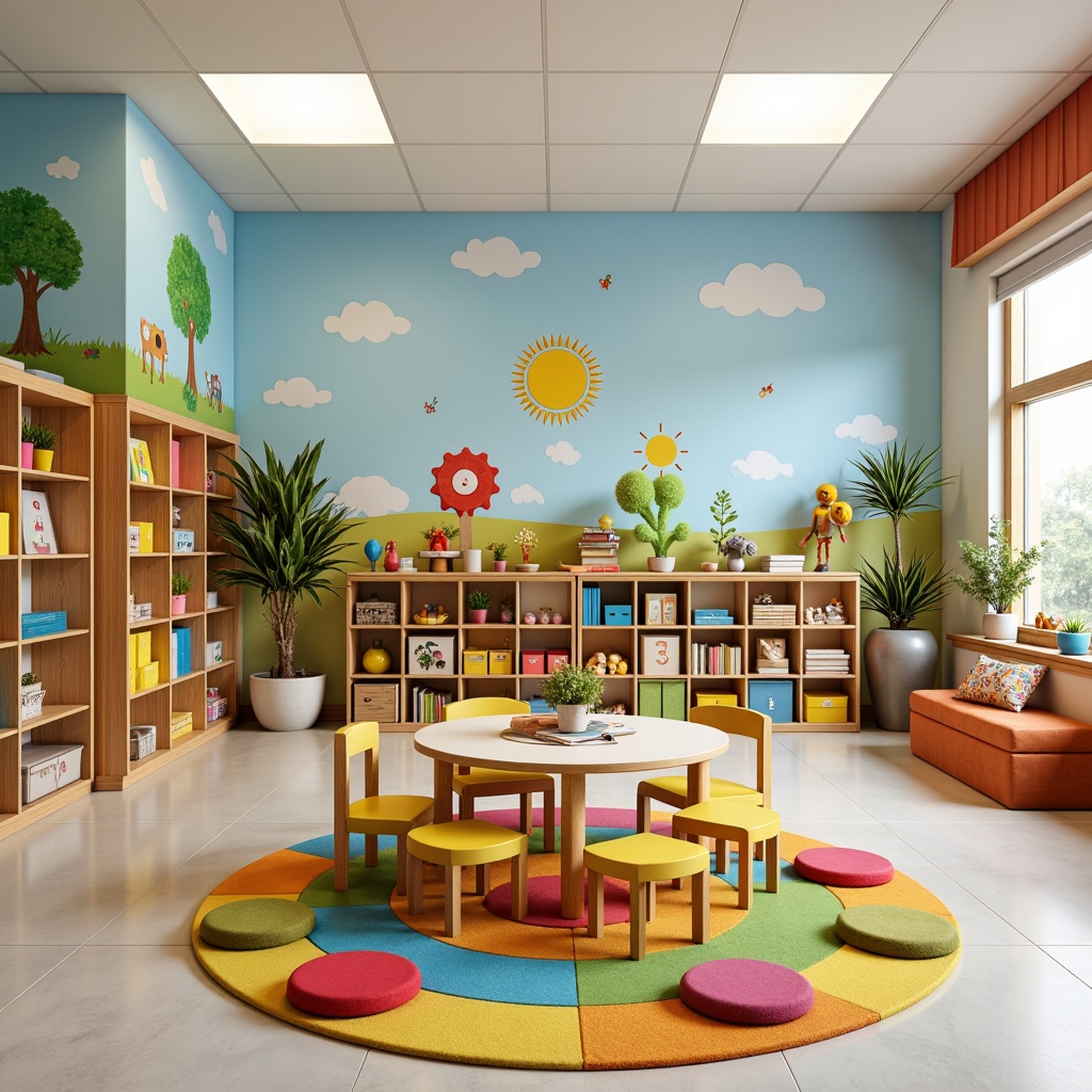 Prompt: Vibrant kindergarten classroom, colorful learning materials, soft cushioned chairs, sturdy wooden tables, playful kid-sized furniture, rounded edges, safe and durable design, bright pastel colors, educational wall decals, interactive display shelves, cozy reading nooks, circular gathering spaces, natural wood accents, comfortable floor cushions, abundant storage bins, whimsical mobiles, gentle overhead lighting, 1/2 composition, warm and inviting atmosphere.