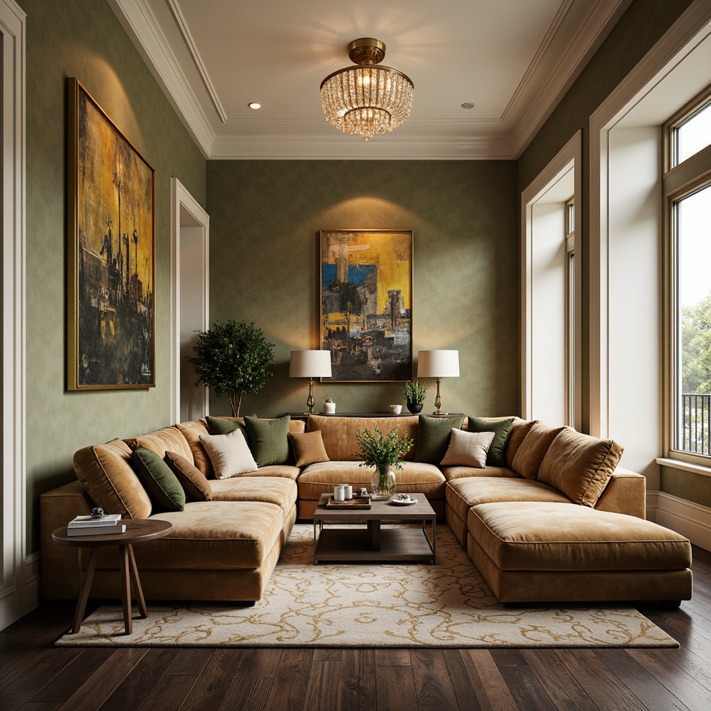 Prompt: Richly textured walls, luxurious velvet furniture, warm beige tones, soft sage accents, creamy white trim, dark wood flooring, metallic gold fixtures, elegant crystal chandeliers, subtle patterned rugs, statement artwork pieces, ambient warm lighting, shallow depth of field, 1/1 composition, realistic textures, atmospheric perspective.