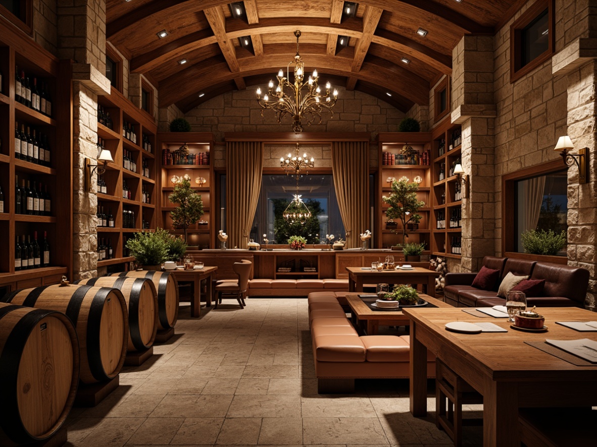 Prompt: Luxurious wine cellar, rich wood tones, stone walls, dimmed warm lighting, rustic wooden barrels, metal wine racks, velvet drapes, leather-bound books, antique furniture pieces, natural stone flooring, earthy aroma, intimate seating areas, soft background music, elegant chandeliers, dark-stained wood trim, polished metal accents, sophisticated color palette, ornate mirrors, refined textures, warm beige tones, classic architectural details.