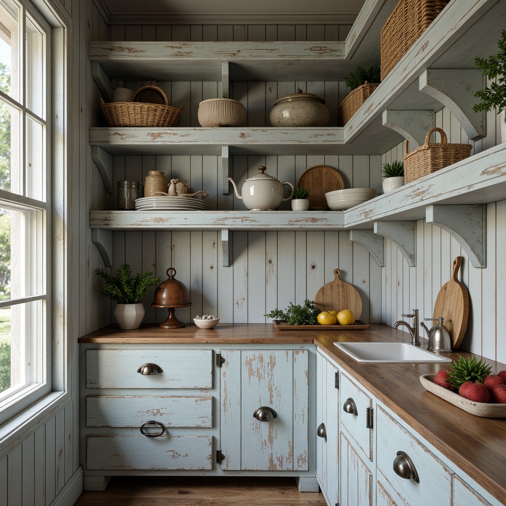 Prompt: Rustic coastal pantry, distressed wood cabinetry, weathered finishes, soft blue-gray hues, natural textures, woven baskets, nautical accents, vintage marine hardware, open shelving, decorative corbels, ocean-inspired color palette, sea salt aromas, warm ambient lighting, shallow depth of field, 1/2 composition, realistic wood grains, subtle reflections.