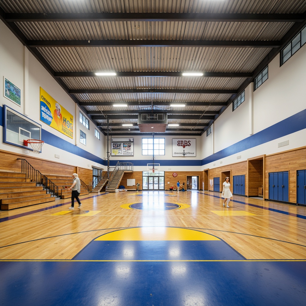 Prompt: Modern high school building, polished concrete floors, durable epoxy coatings, vibrant color schemes, educational signage, locker rooms, wooden bleachers, athletic flooring, basketball courts, sports equipment, natural light, open spaces, collaborative learning areas, acoustic panels, sound-absorbing materials, minimalist aesthetic, industrial-chic design, functional layout, heavy foot traffic resistance, easy maintenance, slip-resistant surfaces, safety features, ADA compliance.