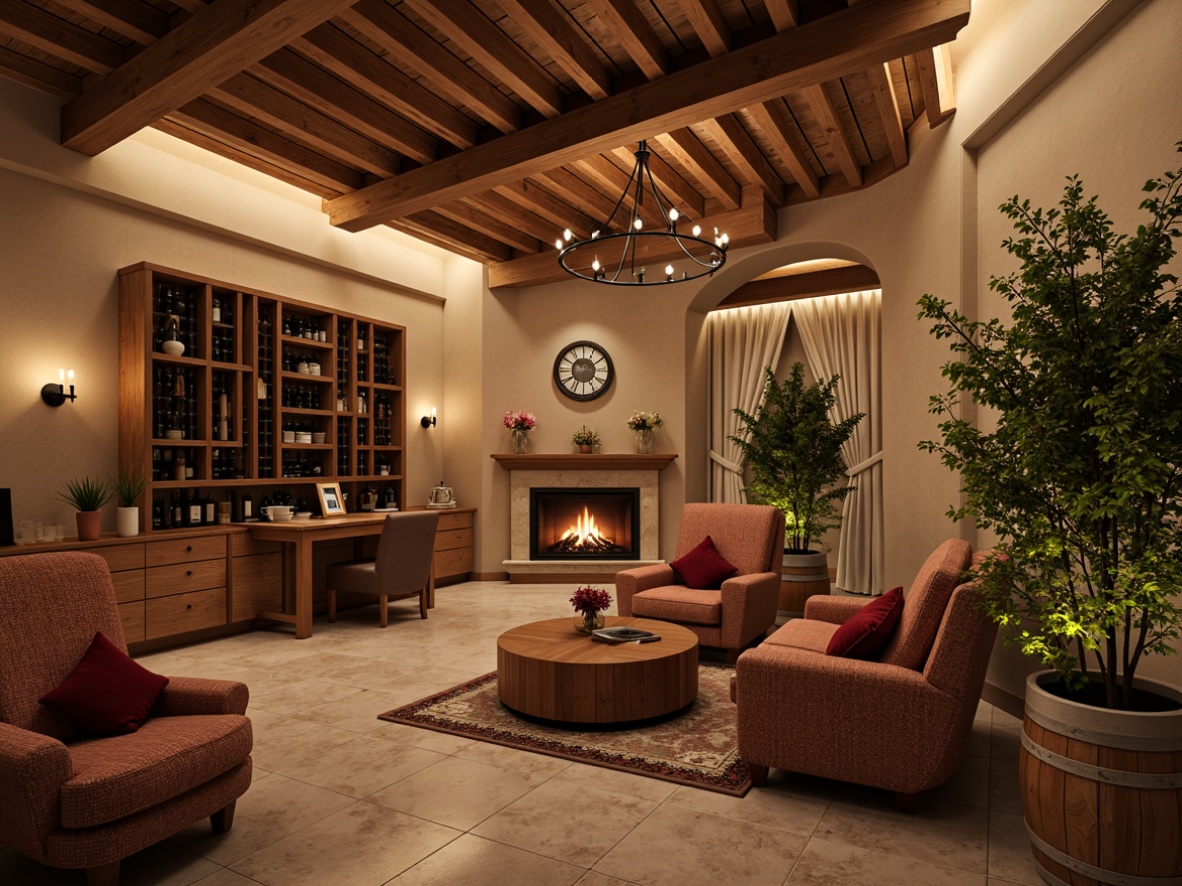 Prompt: Earth-toned winery interior, warm beige walls, rich wooden accents, rustic stone floors, cozy fireplaces, soft candlelight, vintage wine barrels, dark wood wine racks, elegant chandeliers, luxurious velvet fabrics, earthy terracotta planters, lush greenery, natural wood textures, subtle grape-inspired hues, warm golden lighting, shallow depth of field, 1/1 composition, realistic reflections, ambient occlusion.