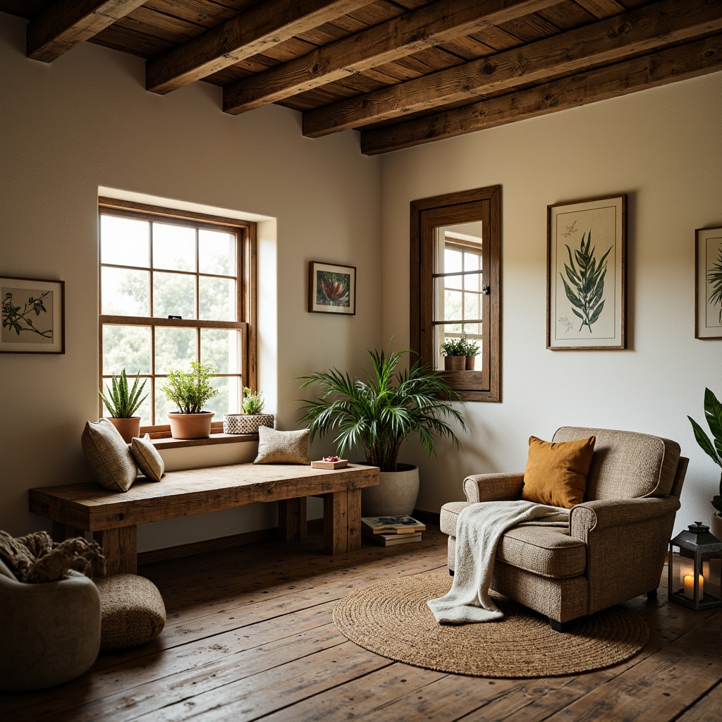 Prompt: Rustic farmhouse interior, wooden beams, vintage windows, soft warm natural light, creamy white walls, distressed wood flooring, cozy reading nook, plush armchair, woven textiles, earthy color palette, greenery, potted plants, botanical prints, reclaimed wood accents, metal lanterns, candlelight, ambient glow, warm atmosphere, shallow depth of field, 1/1 composition, soft focus, realistic textures, subtle shadows.