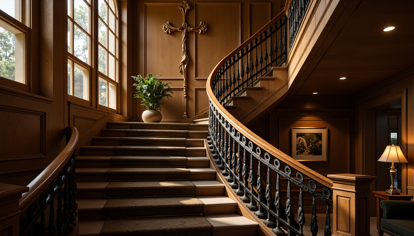 Prompt: Elegant staircase, luxurious banister, ornate metal railings, intricately designed balusters, polished wooden handrails, carved newel posts, soft warm lighting, dramatic shadows, 3/4 composition, shallow depth of field, realistic textures, ambient occlusion.