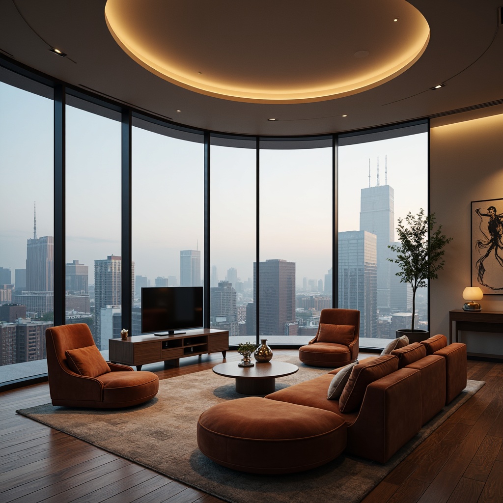 Prompt: Curved lines, minimalist decor, sleek low-profile furniture, polished chrome accents, luxurious velvet fabrics, soft warm lighting, 3/4 composition, shallow depth of field, subtle gradient colors, atmospheric mist, urban cityscape, high-rise building, modern apartment, open-plan living space, floor-to-ceiling windows, sliding glass doors, natural wood flooring, geometric patterns, abstract artwork, futuristic vibe, aerodynamic shapes, metallic sheen, sophisticated ambiance.