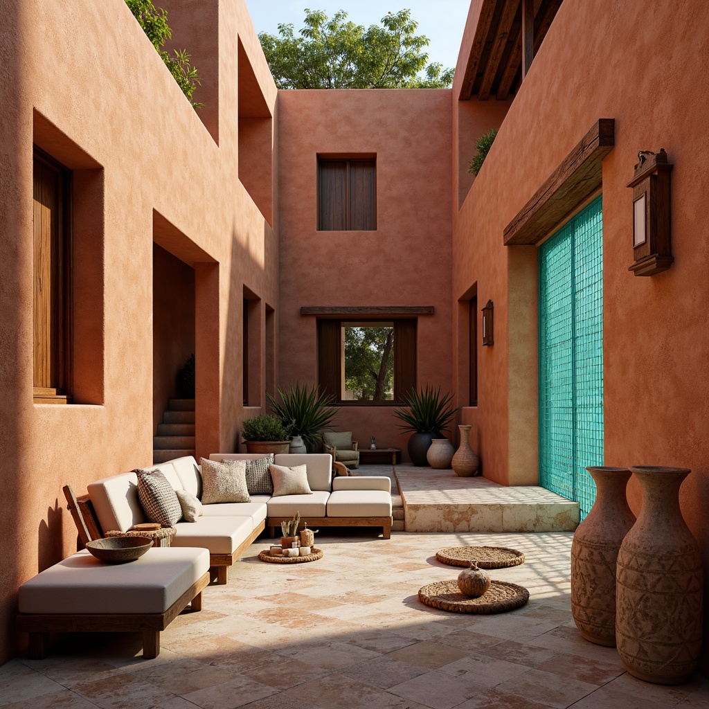 Prompt: Earthy adobe buildings, warm terracotta walls, rustic wooden accents, natural stone floors, woven fiber textiles, vibrant turquoise hues, geometric patterned tiles, reclaimed wood furniture, earthy ceramic vases, soft warm lighting, shallow depth of field, 3/4 composition, panoramic view, realistic textures, ambient occlusion.