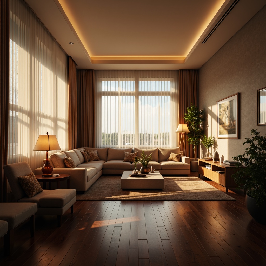 Prompt: Cozy living room, warm ambient lighting, soft glowing table lamps, floor-to-ceiling windows, natural daylight, sheer white curtains, minimal ornamentation, sleek modern furniture, polished wooden floors, subtle color palette, calming atmosphere, dramatic shadows, 1/1 composition, warm golden light, realistic textures, ambient occlusion.