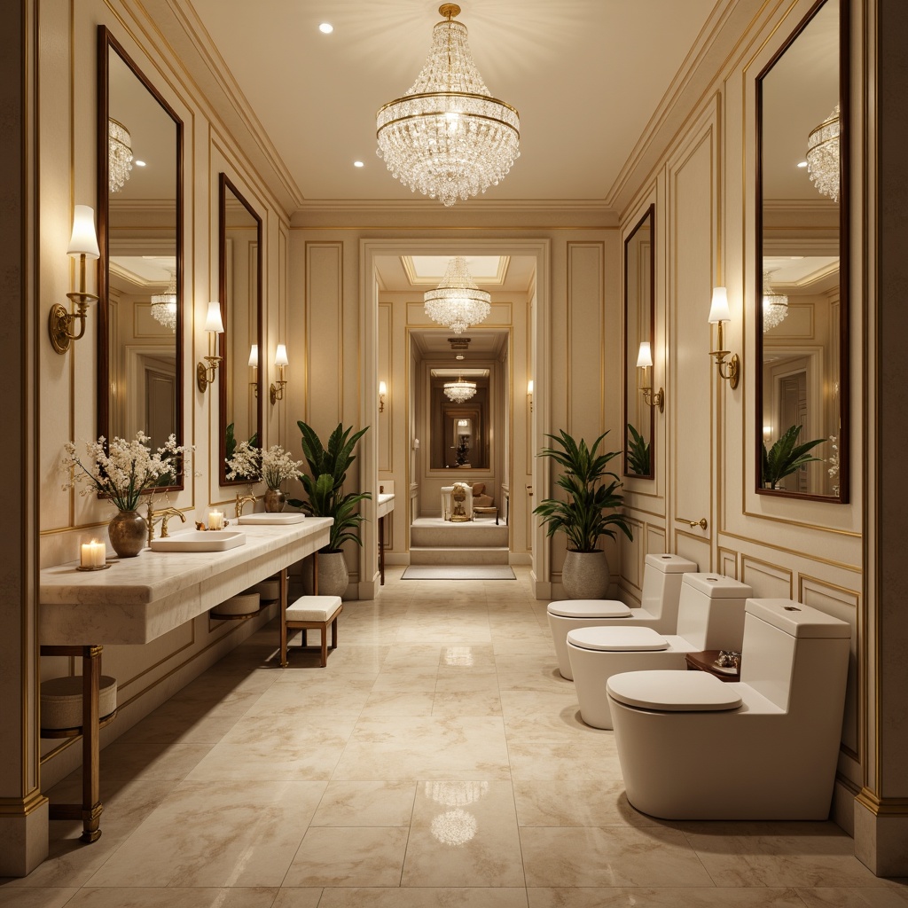 Prompt: Luxurious powder room, streamline moderne aesthetic, soft creamy walls, elegant gold accents, ornate mirrors, sophisticated marble countertops, refined porcelain sinks, lavish crystal chandeliers, plush velvet drapes, subtle scented candles, warm beige flooring, intimate ambient lighting, shallow depth of field, 1/1 composition, soft focus, realistic textures, atmospheric rendering.