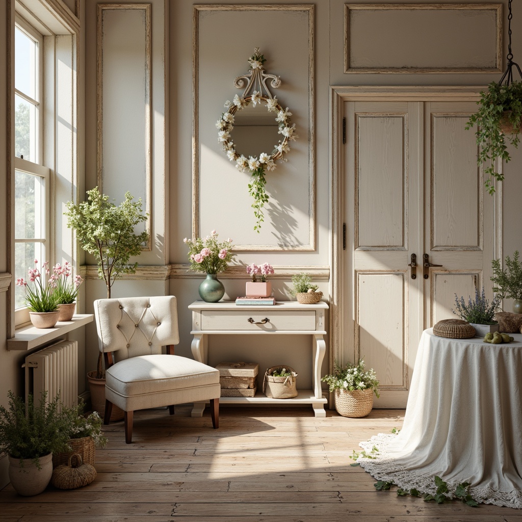 Prompt: Soft feminine accents, distressed wood textures, vintage ornate details, pastel hues, muted earth tones, creamy whites, weathered metal hardware, lace trimmings, floral patterns, rustic wooden floors, warm candlelight, soft focus, shallow depth of field, 1/1 composition, dreamy atmosphere, romantic ambiance.