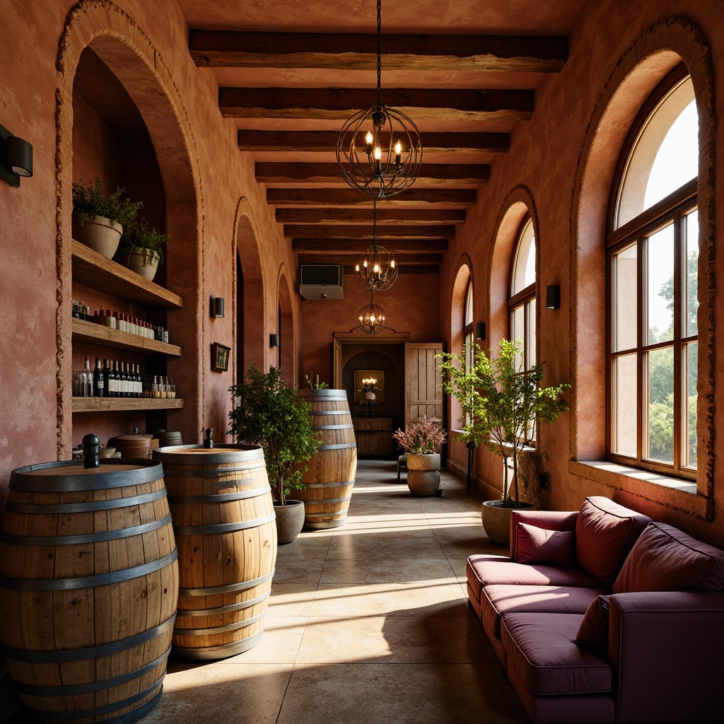 Prompt: Earthy winery interior, rustic wooden barrels, vintage wine-making equipment, warm golden lighting, rich terracotta walls, natural stone flooring, reclaimed wood accents, elegant chandeliers, soft velvety sofas, earthy tone color palette, sienna reds, olive greens, mauve purples, creamy whites, subtle texture overlays, ambient occlusion, realistic reflections, shallow depth of field, 2/3 composition, warm and inviting atmosphere.