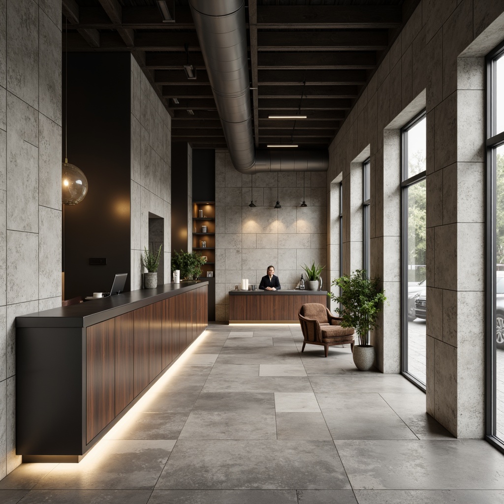 Prompt: Minimalist bank interior, monochromatic color scheme, sleek metal accents, polished concrete floors, smooth wooden surfaces, industrial-chic exposed ductwork, geometric patterns, subtle texture contrasts, natural stone walls, recessed lighting, soft warm glow, 1/1 composition, shallow depth of field, realistic textures, ambient occlusion.