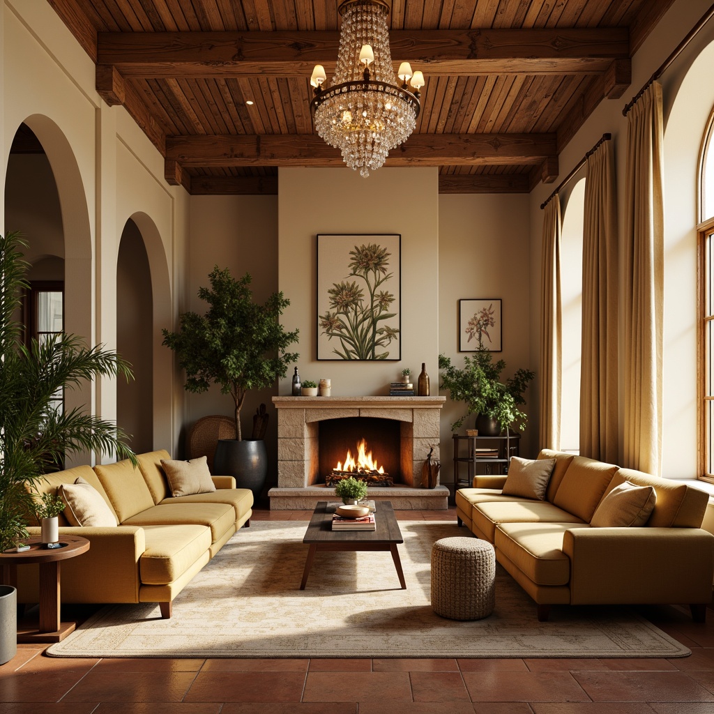 Prompt: Cozy living room, warm beige walls, rich wood accents, plush velvet sofas, soft golden lighting, natural stone fireplace, earthy terracotta floors, elegant crystal chandeliers, calming botanical prints, cream-colored curtains, subtle texture contrasts, inviting atmosphere, serene ambiance, 1/2 composition, warm color harmony, realistic material reflections.