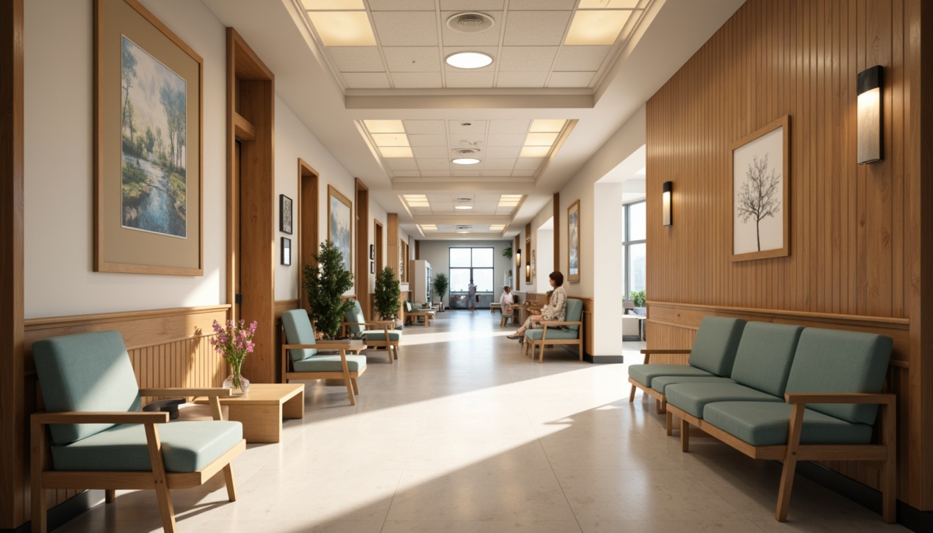 Prompt: Calming hospital corridors, soft warm lighting, gentle shadows, medical equipment, stainless steel surfaces, sterile environments, natural wood accents, comfortable waiting areas, soothing color schemes, minimalist decor, subtle texture variations, LED light fixtures, indirect illumination, energy-efficient solutions, circular ceiling lights, rectangular floor lamps, softbox diffusers, warm beige tones, calming blue hues, serene ambiance, 1/1 composition, realistic reflections, ambient occlusion.