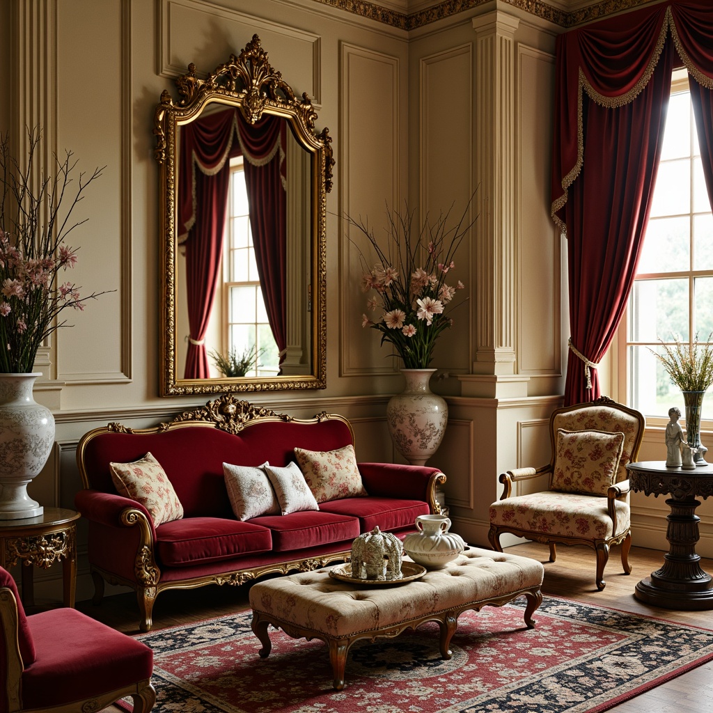 Prompt: Ornate Rococo-style living room, lavish velvet upholstery, intricately carved wooden furniture, gilded mirrors, ornamental vases, delicate porcelain figurines, rich jewel-toned fabrics, tufted ottomans, cabriole legs, curved lines, shell-shaped decorations, naturalistic motifs, soft golden lighting, warm beige walls, antique accessories, luxurious textiles, French-inspired aesthetics.