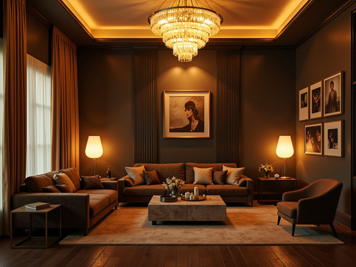 Prompt: Elegant living room, warm golden lighting, crystal chandeliers, floor lamps, table lamps, soft glow, cozy atmosphere, luxurious fabrics, velvet sofas, marble coffee tables, wooden flooring, modern minimalist decor, subtle color palette, dramatic shadows, 1/1 composition, high contrast ratio, cinematic ambiance.