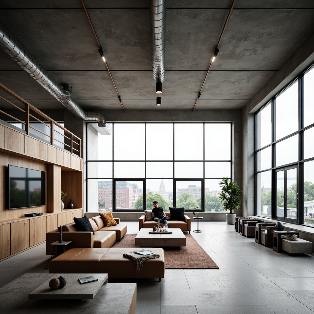 Prompt: Minimalist interiors, large windows, abundant natural light, sleek metal frames, industrial materials, functional furniture, geometric shapes, monochromatic color schemes, sparse decor, modernist architecture, urban loft settings, concrete floors, exposed ductwork, overhead lighting, soft warm illumination, shallow depth of field, 3/4 composition, realistic textures, ambient occlusion.